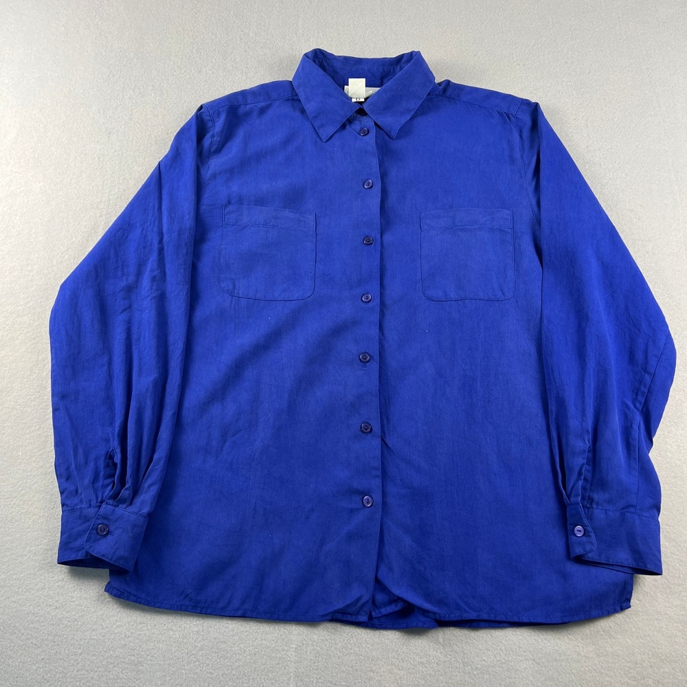 Van Heusen Silk Button Up Shirt Womens Large Blue Long Sleeve Blouse Office Chic